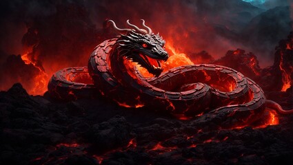 A giant Orochi serpent, its body writhing and twisting in the air. Japanese mythology. Japanese dragon/serpent.