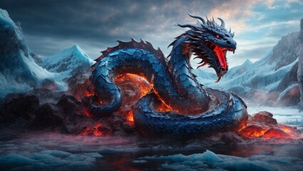 A giant Orochi serpent, its body writhing and twisting in the air. Japanese mythology. Japanese dragon/serpent.