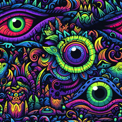 Psychedelic doodles fantasy graffiti vibrant repeat pattern