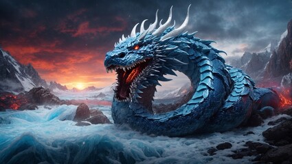 A giant Orochi serpent, its body writhing and twisting in the air. Japanese mythology. Japanese dragon/serpent.