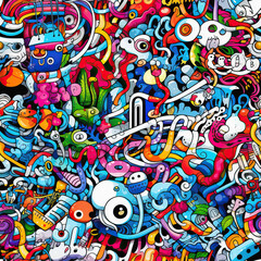 Psychedelic doodles fantasy graffiti vibrant repeat pattern