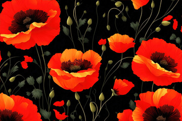 Abstract flowers background, red poppies flowers pattern on black wallpaper.