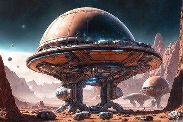 Alien technology constructions, space base on an alien planet, science fiction landscape.
