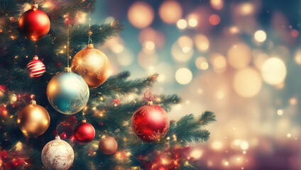 Christmas background with shiny balls, Christmas tree and blurred lights.