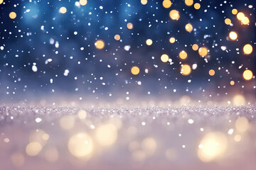 Fototapeta na wymiar Christmas blurry background with snowflakes, lights and bokeh, magic Christmas wallpaper.