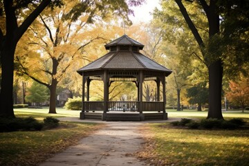 Fototapeta premium Illustration of a Beautiful Gazebo in a Serene and Peaceful Park in Autumn. Generative AI.