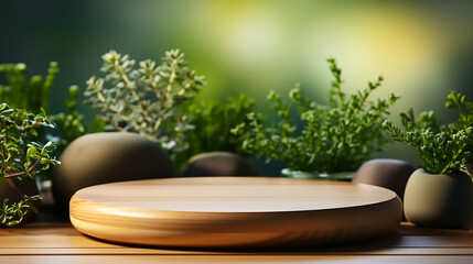 A round wooden board next to some green plants, in the style of motion blur panorama, minimalism and contemporary minimalist, rendered in cinema4d, naturalistic light and shadow,