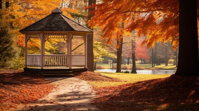 Illustration of a Beautiful Gazebo in a Serene and Peaceful Park in Fall Season. Generative AI.