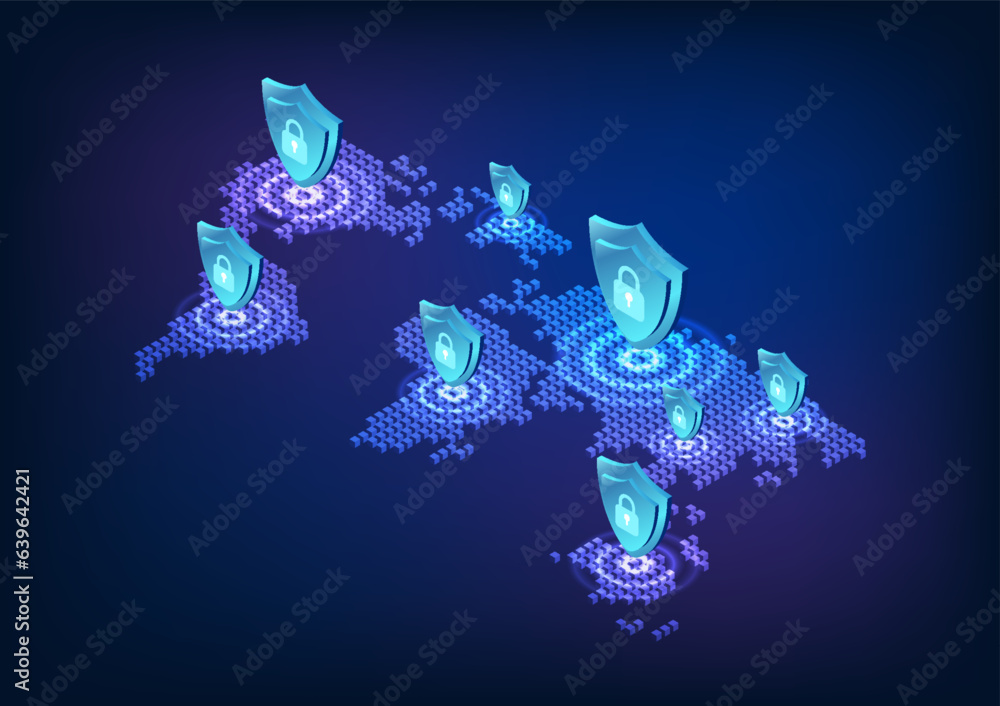 Poster world map mixed with technology the pixelated world map above features a shield and a lock represent