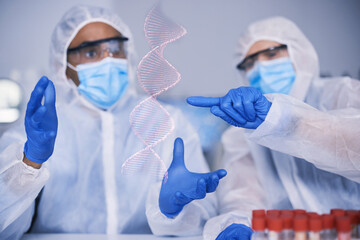 Science team, dna hologram and lab analysis for study, gloves or mask for safety, health and...