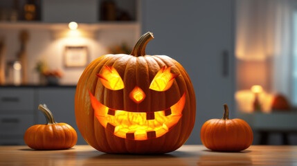 Halloween Pumpkins On Wooden table on home background