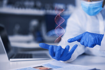 Hands, scientist and dna hologram in lab analysis, studying and gloves for safety, health and...
