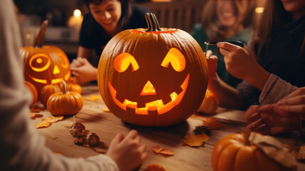 Happy family with little kids preparing pumpkins for Halloween at home.