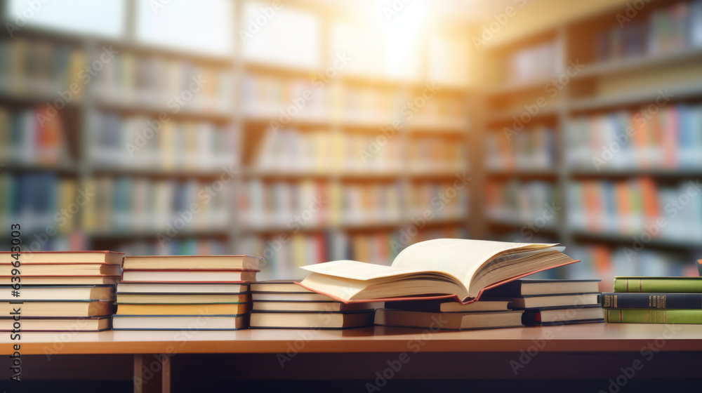 Poster book stack on wood desk and blurred bookshelf in the library room.created with generative ai technol