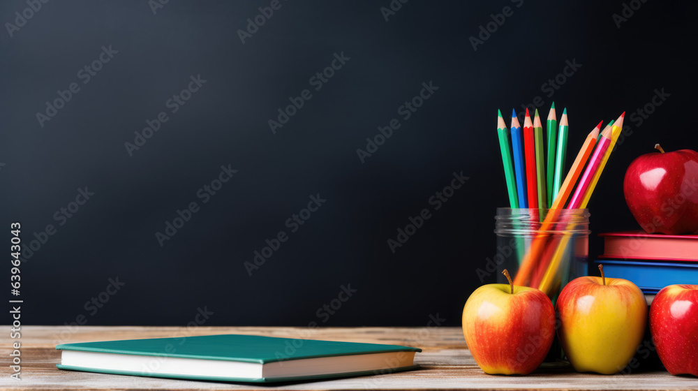 Aufkleber back to school background with books and apple over blackboard.created with generative ai technology