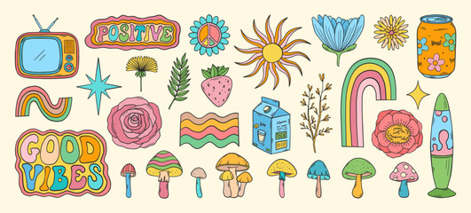 Groovy vector set. Hippie elements. 70s groovy hippie clipart. Retro groovy stickers. Psychedelic funky 60s 70s doodles. Retro cartoon tv set, lava lamp, soda can.