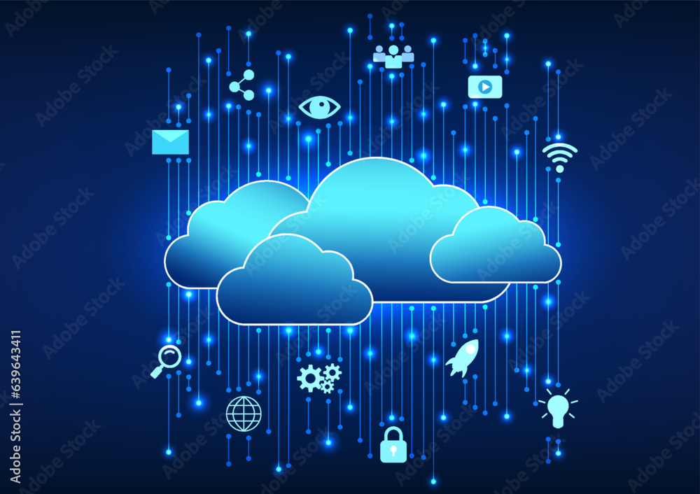 Poster cloud technology, multi layered overlapping clouds with circuit connected technology icons refers to