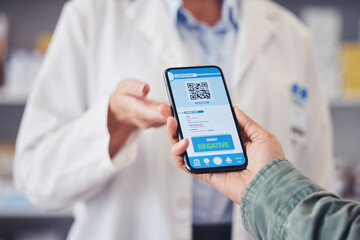 Phone screen, doctor hands and QR code, test results or drugs, virus and mobile app for medical...