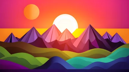 Zelfklevend Fotobehang Nature landscape with mountain and sun in paper cut style. Illustration of rock in craft paper art. © bravissimos