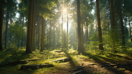 Lush green forest with morning sun rays shining