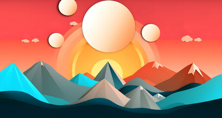 Nature landscape with mountain and sun in paper cut style. Illustration of rock in craft paper art.