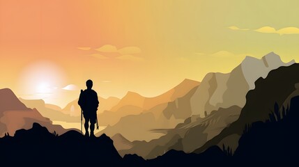 Fototapeta premium Nature landscape with mountain and sun in paper cut style. Traveler illustration craft paper art.