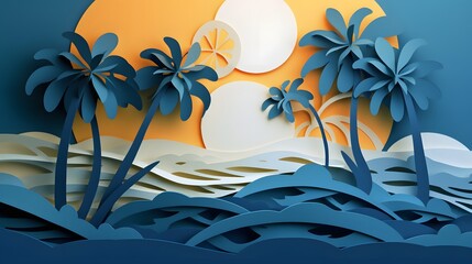 Fototapeta na wymiar Illustration of ocean view and sunset in the evening sea. Beautiful sunset seascape, paper cut and craft illustration.