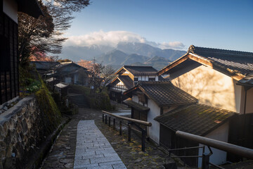 Magome juku preserved Japanese town at sunrise, Kiso valley