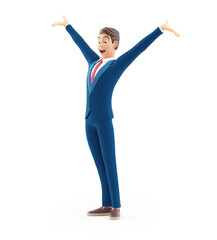 3d cartoon businessman with very happy pose