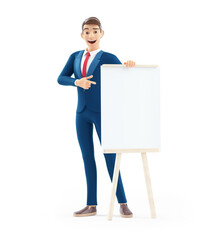 3d cartoon businessman pointing to wooden easel with blank canvas