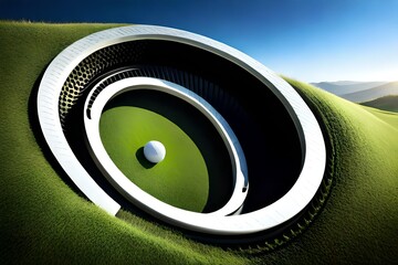 Super slow motion of golf ball falls into the hole at the camera, view inside the hole close-up 