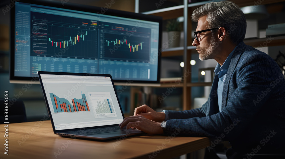 Poster a businessman is a man sitting in front of several monitors and trading. created with generative ai 