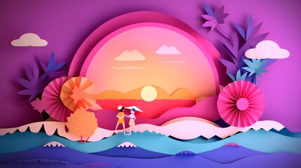Romantic love Illustration of ocean sunset in the evening with girl and boy. Paper cut and craft style illustration.