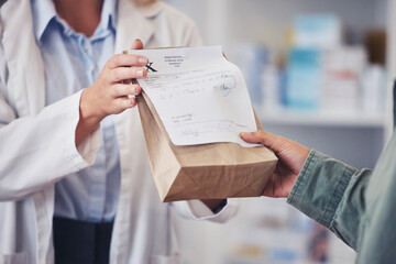 Pharmacy, hands and prescription medicine for customer with paper bag for healthcare, drugs and pharmaceutical. Closeup of a pharmacist or medical worker with person in drugstore for retail service - obrazy, fototapety, plakaty