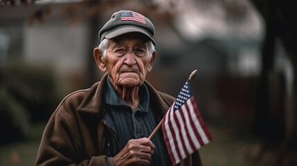 Elderly male veteran holds up an American flag for the memorial day. - obrazy, fototapety, plakaty