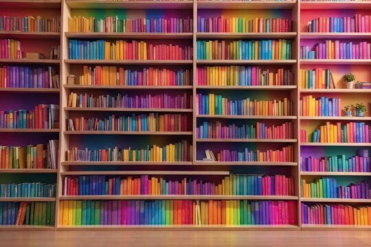 Blurred image of colorful books in shelves.