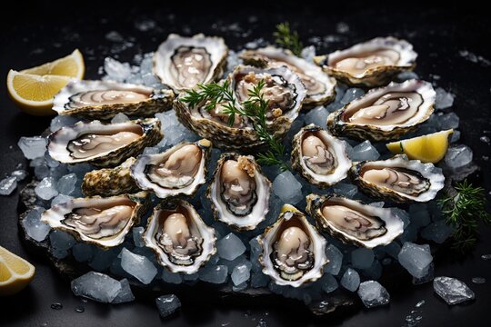 Fresh oysters with lemon's slices in ice. Restaurant delicacy. Saltwater oysters dish