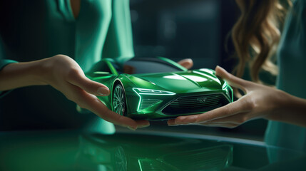 A woman is holding a model of a green car. Electrical and aco car concept. Created with Generative AI technology. - obrazy, fototapety, plakaty