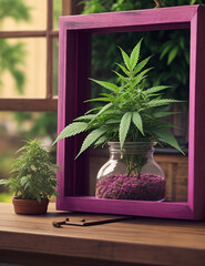 piantina di marijuana in un ampolla di vetro incorniciata di rosa 