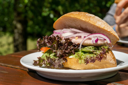 A herring Fischbr&ouml;tchen (fish roll). This is a German sandwich made with fish and other components, such as fresh white or dried onions, gherkins and remoulade sauce. Very popular in northern Germany.