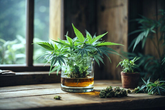 una pianta di cannabis in un vaso di vetro con all'interno  dell'acqua di colore marroncina, appoggiata su un tavolo in legno in un ambiente rustico