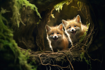 Wild baby red foxes playing in the deep forest