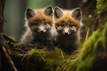 Wild baby red foxes playing in the deep forest