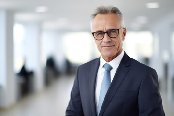 Naklejka premium a portrait of older businessman white hair in smile, office background, 50s aged 