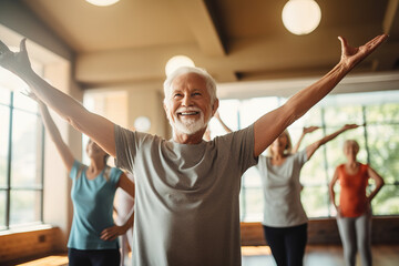 Preventive care, as a fitness instructor leads a group of seniors in gentle exercises, promoting...