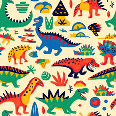 Dinosaur pattern, cute cartoon childish funny repeat dino doodles