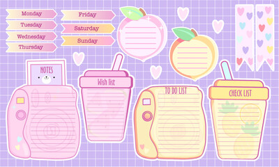 Memo pages card, lined elements sticky element,  set inspiration notepaper design printable . Pink, yellow, blue kawaii pages for tags , weekly notes 
