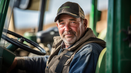 Male farmer sits in the back of a tractor.