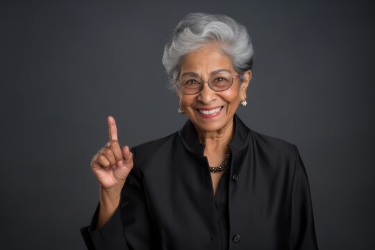 Old Business Woman Glasses White Hair In Happy Expression On Studio Shoot Grey Background, Portrait Photo 