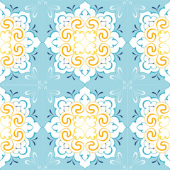 Watercolor blue, indigo, yellow seamles pattern. Moroccan vintage ornament as backgrounds, for fabric, wallpaper, textile, websites, home decor (pillows, towels, napkins), tableware
